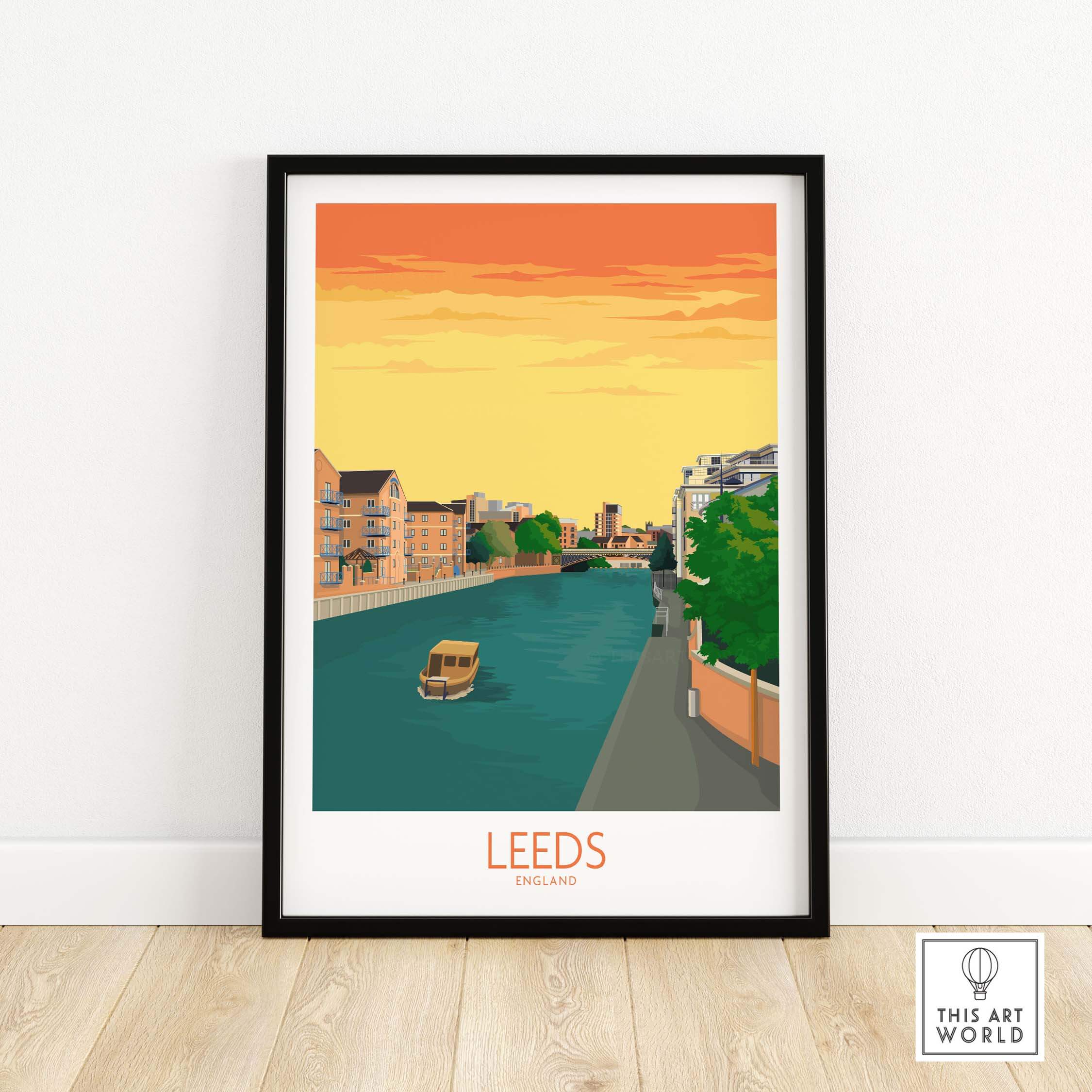 Leeds Print England Travel Poster featuring a scenic river view at sunset, perfect for home or office decor.