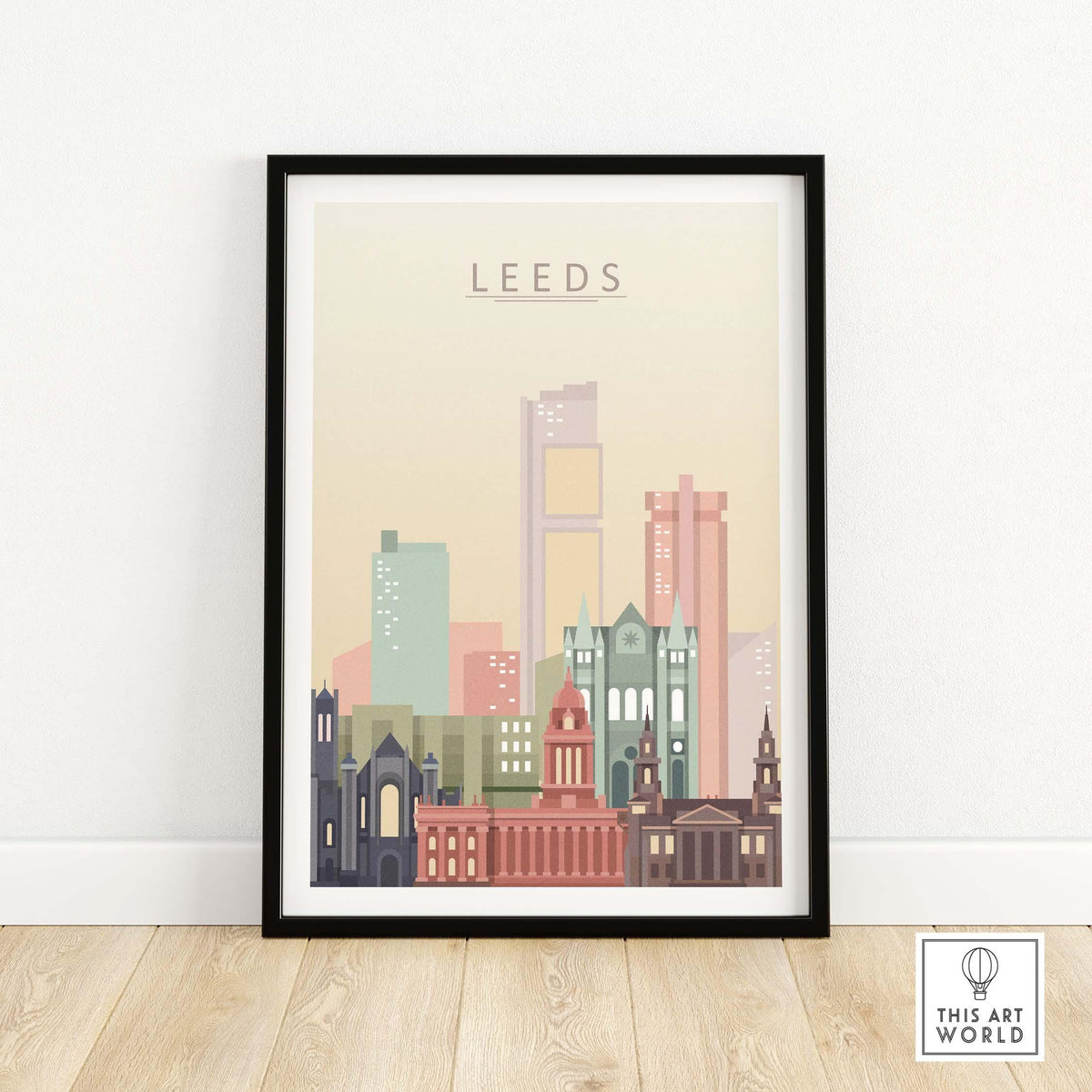 Leeds Print Skyline Wall Art featuring iconic buildings in pastel tones, framed and perfect for stylish home decor.