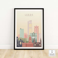 Leeds Print Skyline Wall Art featuring iconic buildings in pastel tones, framed and perfect for stylish home decor.