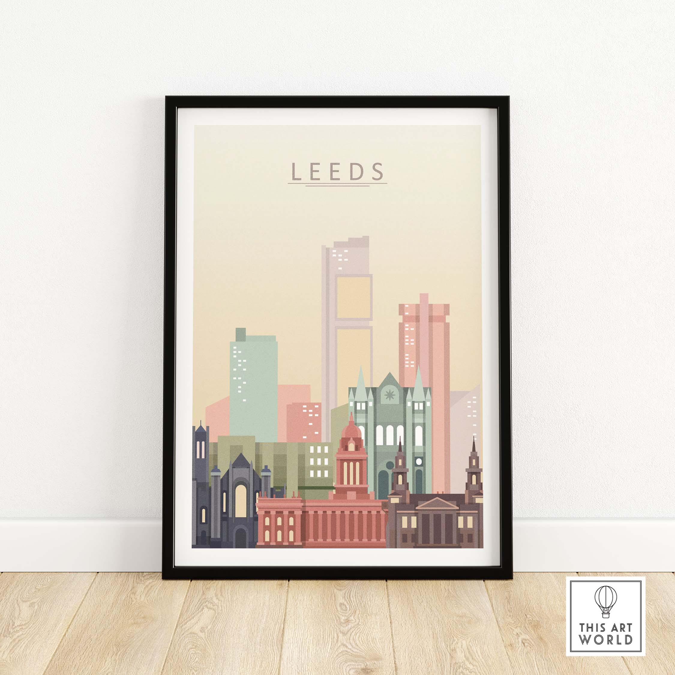 Leeds Print Skyline Wall Art featuring iconic buildings in pastel tones, framed and perfect for stylish home decor.