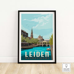 Leiden Netherlands print featuring a scenic canal view, framed art inspired by vintage travel posters.