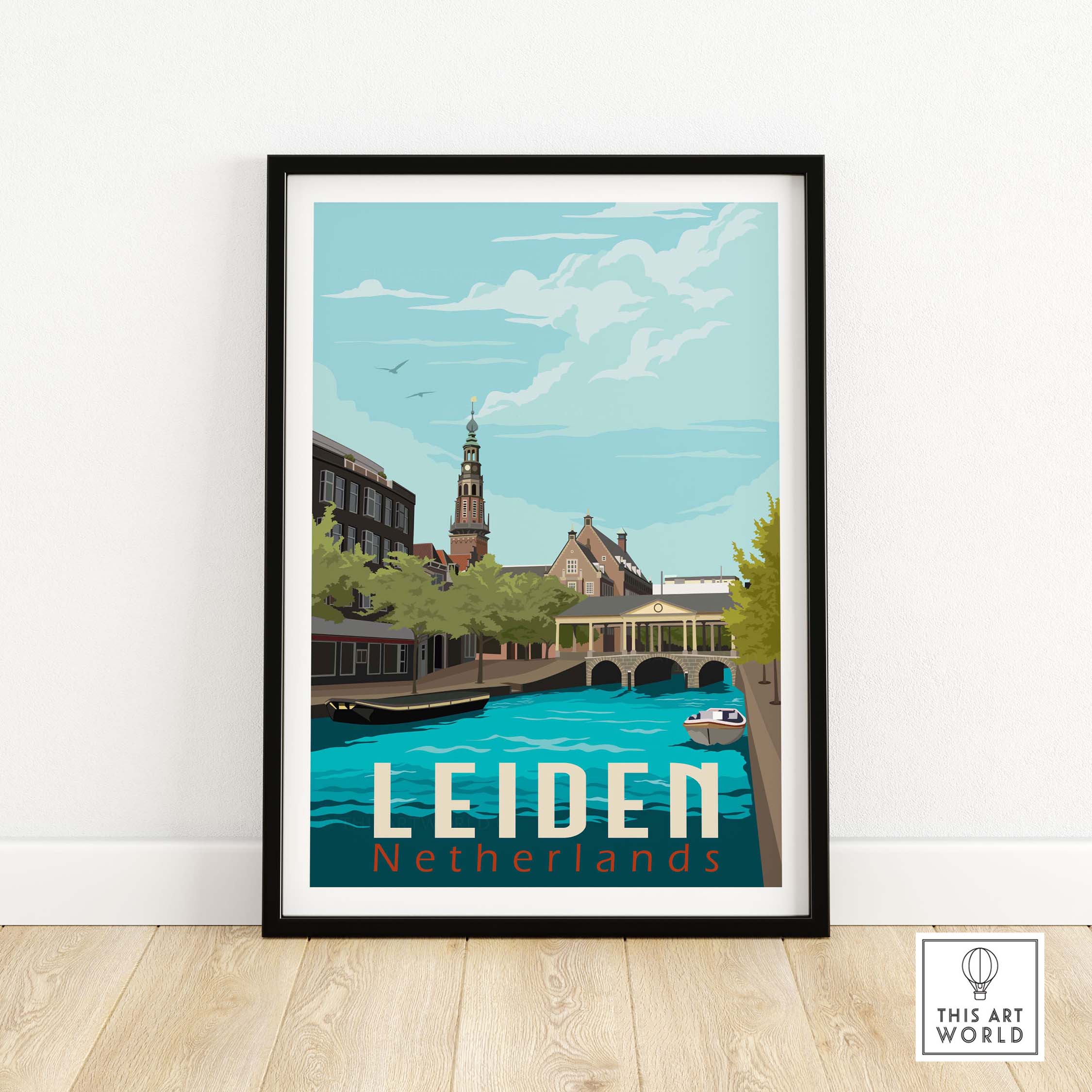 Leiden Netherlands print featuring a scenic canal view, framed art inspired by vintage travel posters.