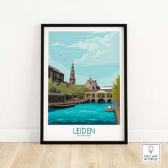 Leiden Poster Netherlands featuring a picturesque canal scene; vintage-style travel wall art for home decor.
