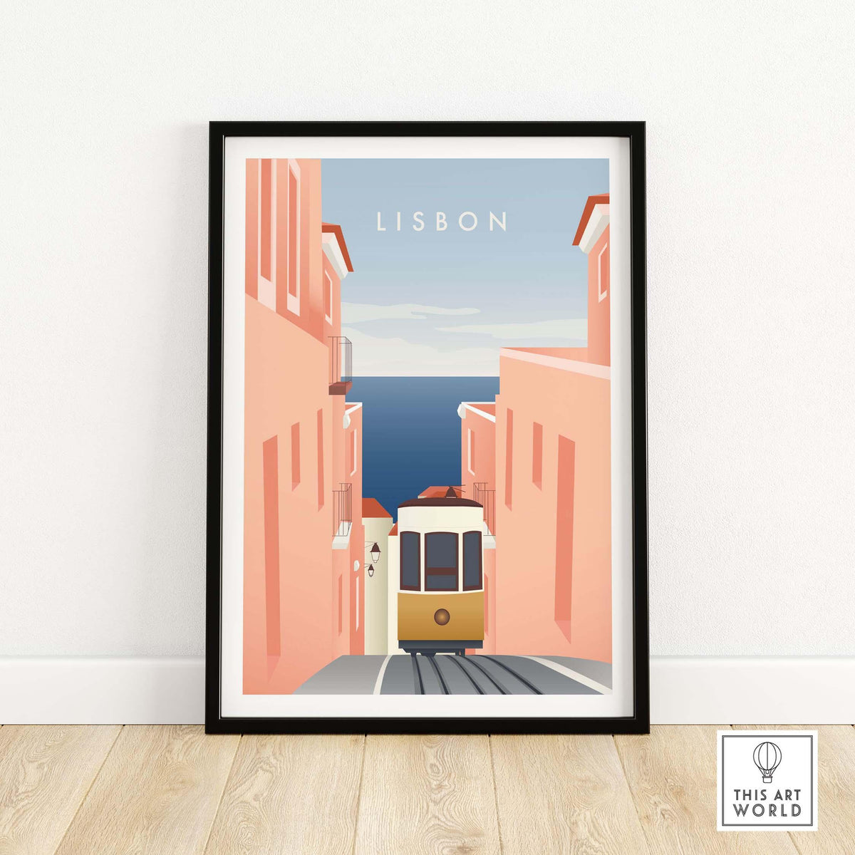 Lisbon wall art poster featuring a colorful tram on a charming street, capturing the essence of Lisbon's beauty.