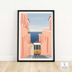 Lisbon wall art poster featuring a colorful tram on a charming street, capturing the essence of Lisbon's beauty.