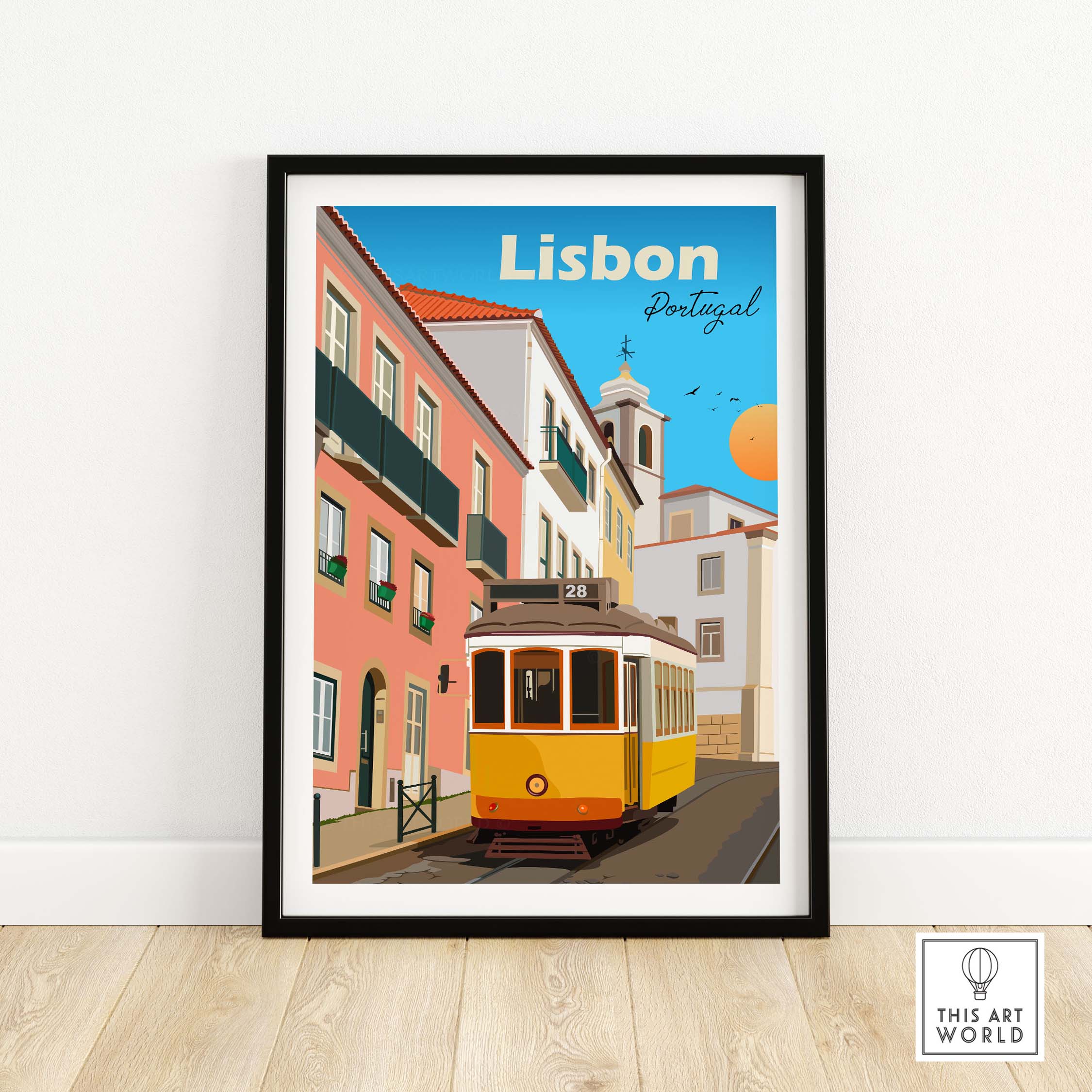 Lisbon travel poster print with yellow tram and vintage buildings, perfect for home or office decor.