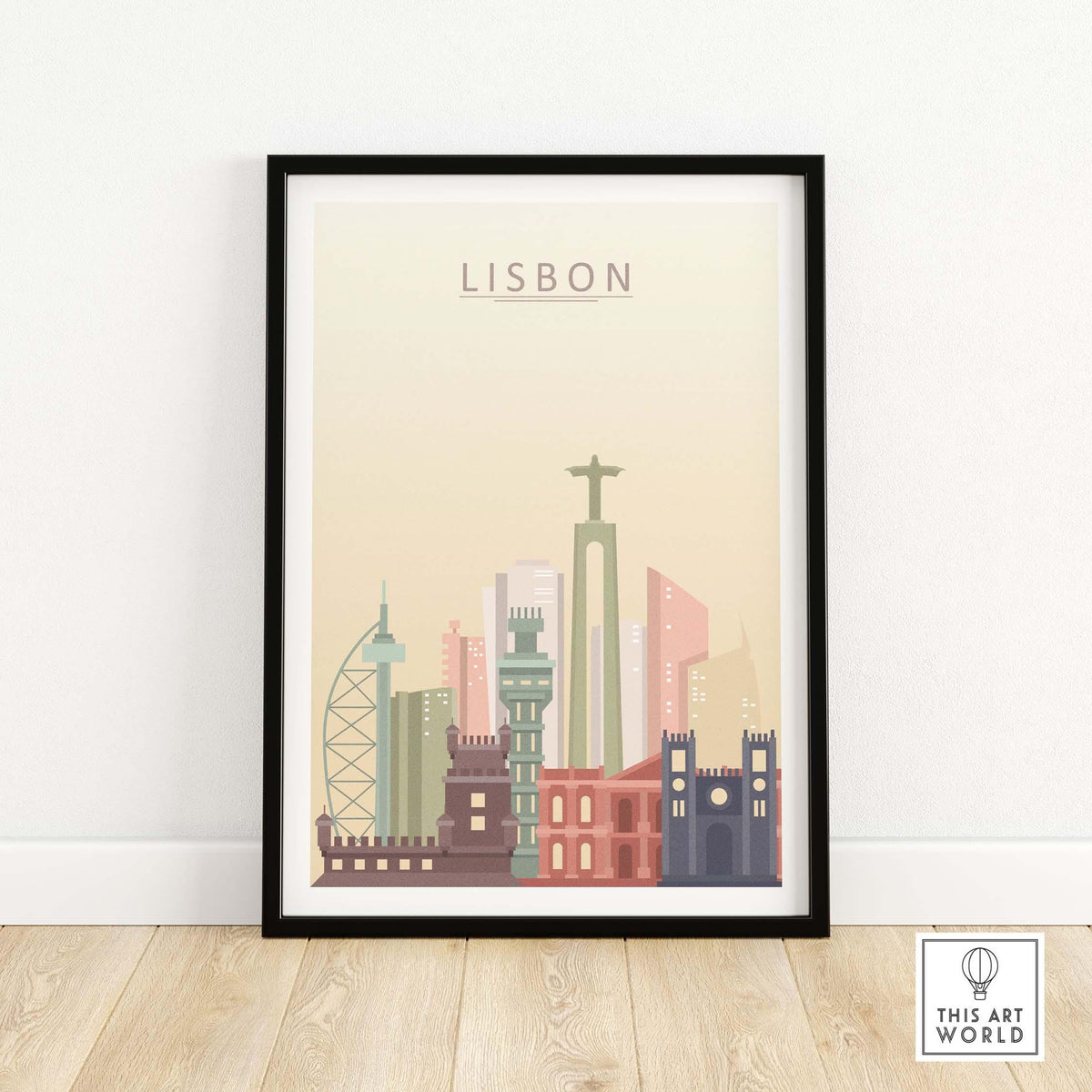 Lisbon skyline print in pastel tones featuring iconic landmarks, framed wall art for home decor.