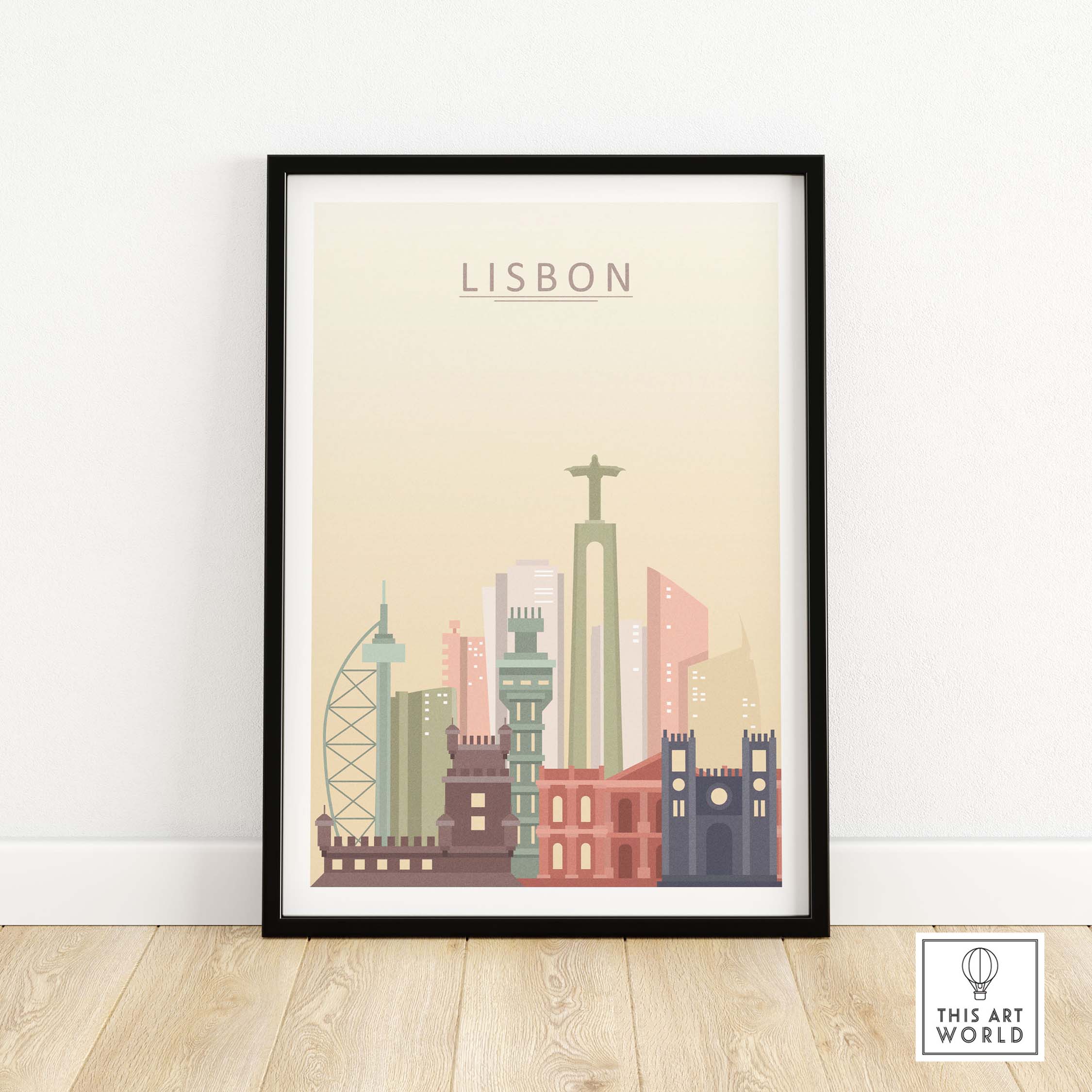 Lisbon skyline print in pastel tones featuring iconic landmarks, framed wall art for home decor.