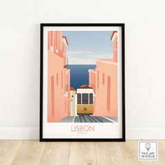 Lisbon Wall Art Poster Print featuring a vintage tram in a scenic street with pastel buildings.
