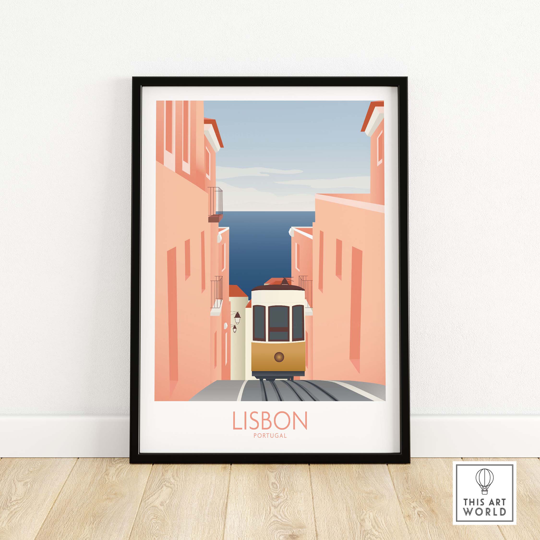 Lisbon Wall Art Poster Print featuring a vintage tram in a scenic street with pastel buildings.