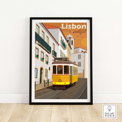 Lisbon vintage print poster featuring a yellow tram on a charming street in Portugal.