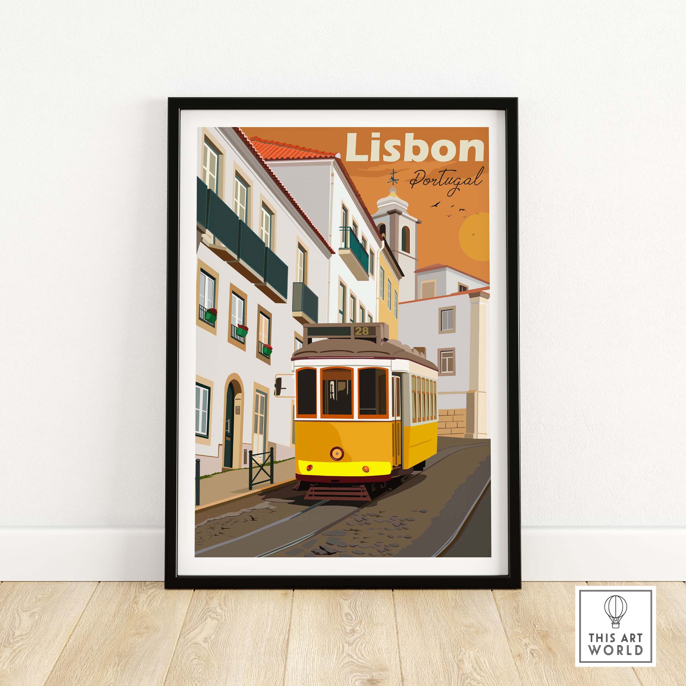 Lisbon vintage print poster featuring a yellow tram on a charming street in Portugal.