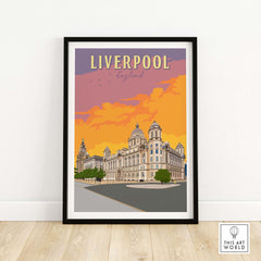 Liverpool travel poster featuring iconic architecture and a vibrant sunset backdrop, perfect for stylish home decor.