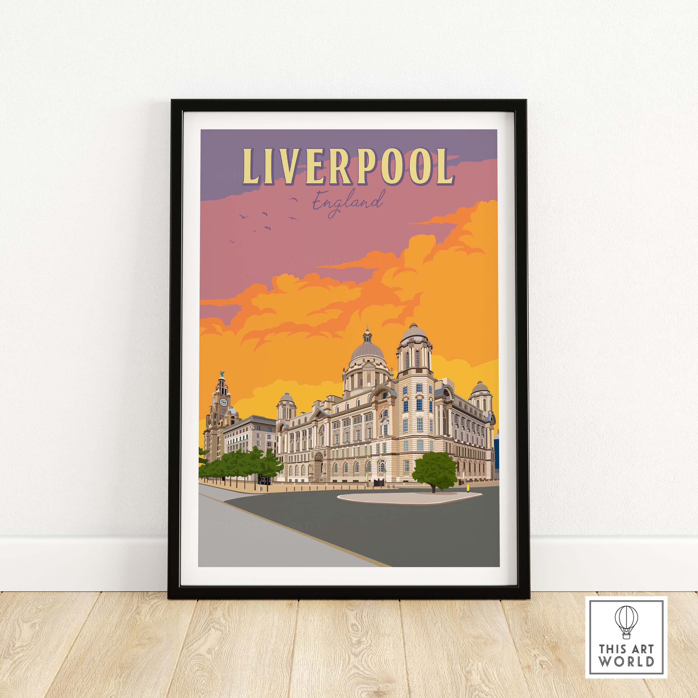Liverpool travel poster featuring iconic architecture and a vibrant sunset backdrop, perfect for stylish home decor.