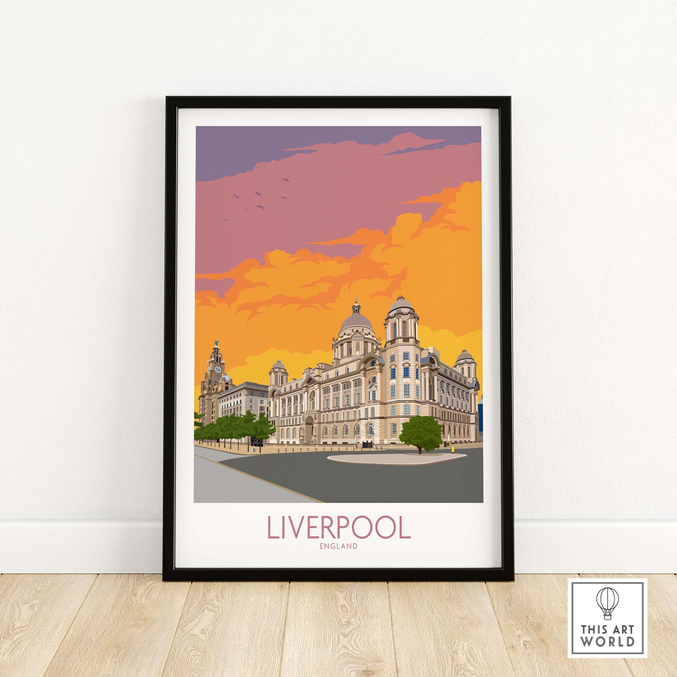 Vibrant Liverpool print showcasing iconic architecture and colorful sunset, perfect for home decor.