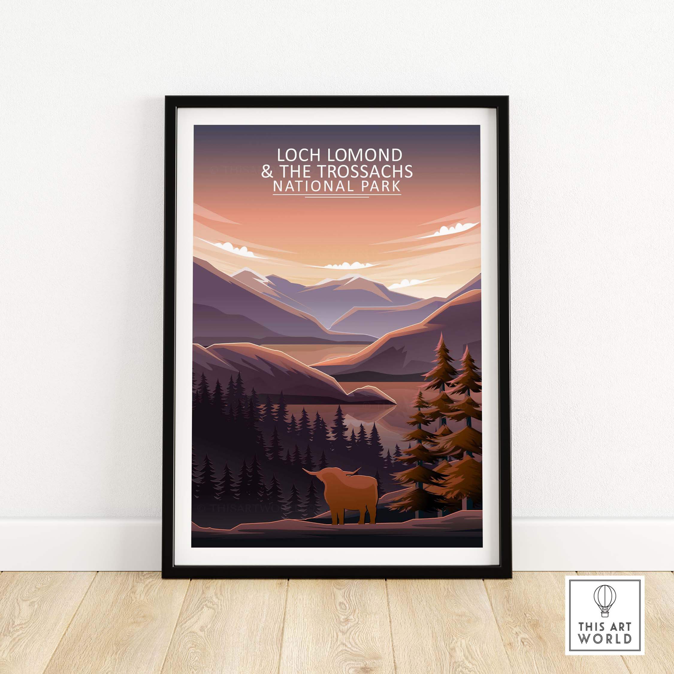 Loch Lomond and The Trossachs National Park poster in a minimalistic design, showcasing mountains and a Highland cow.