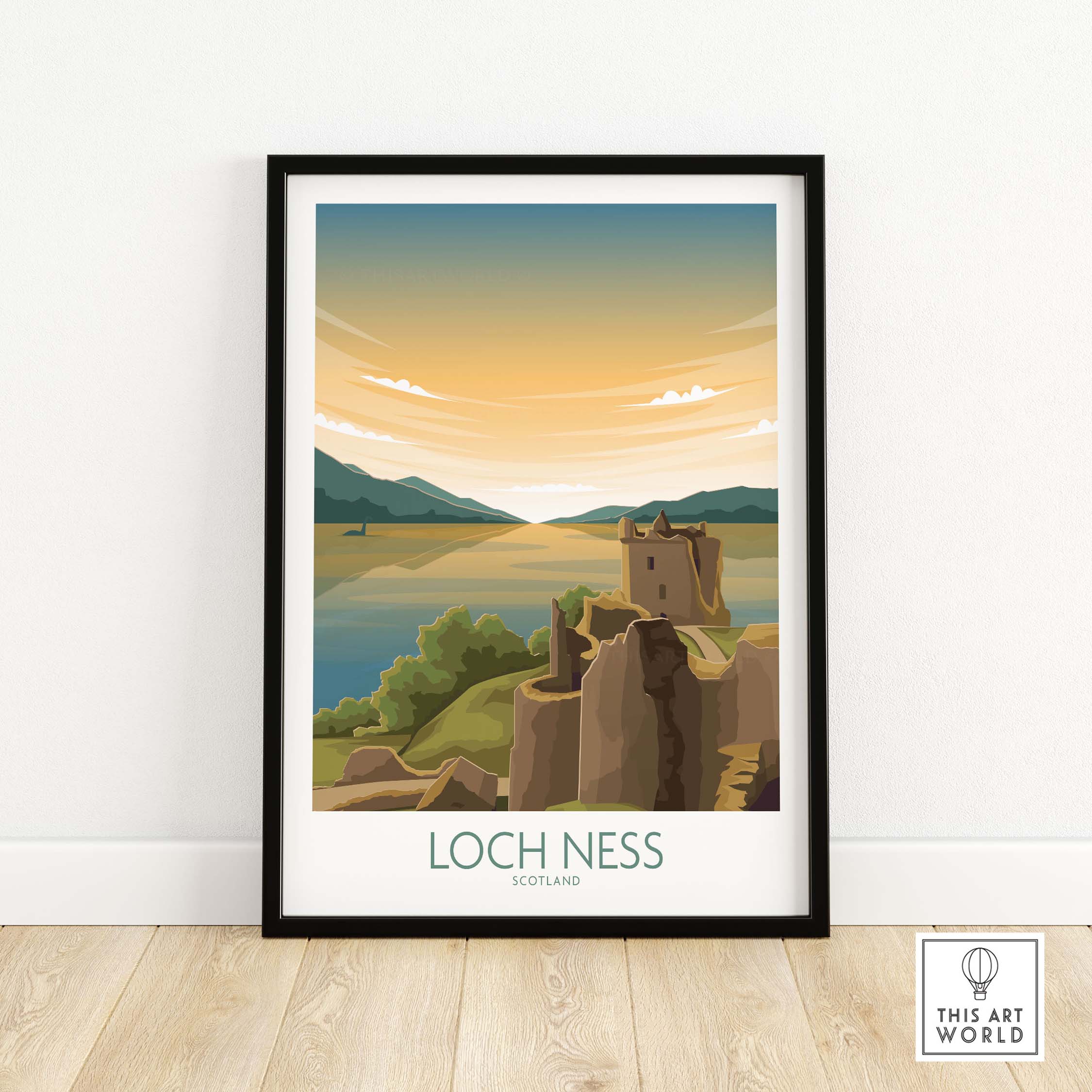 Loch Ness Scotland travel poster featuring scenic landscape and vintage design.