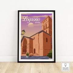 Logrono Spain vintage travel poster print framed, showcasing iconic architecture and nostalgic design for home decor.