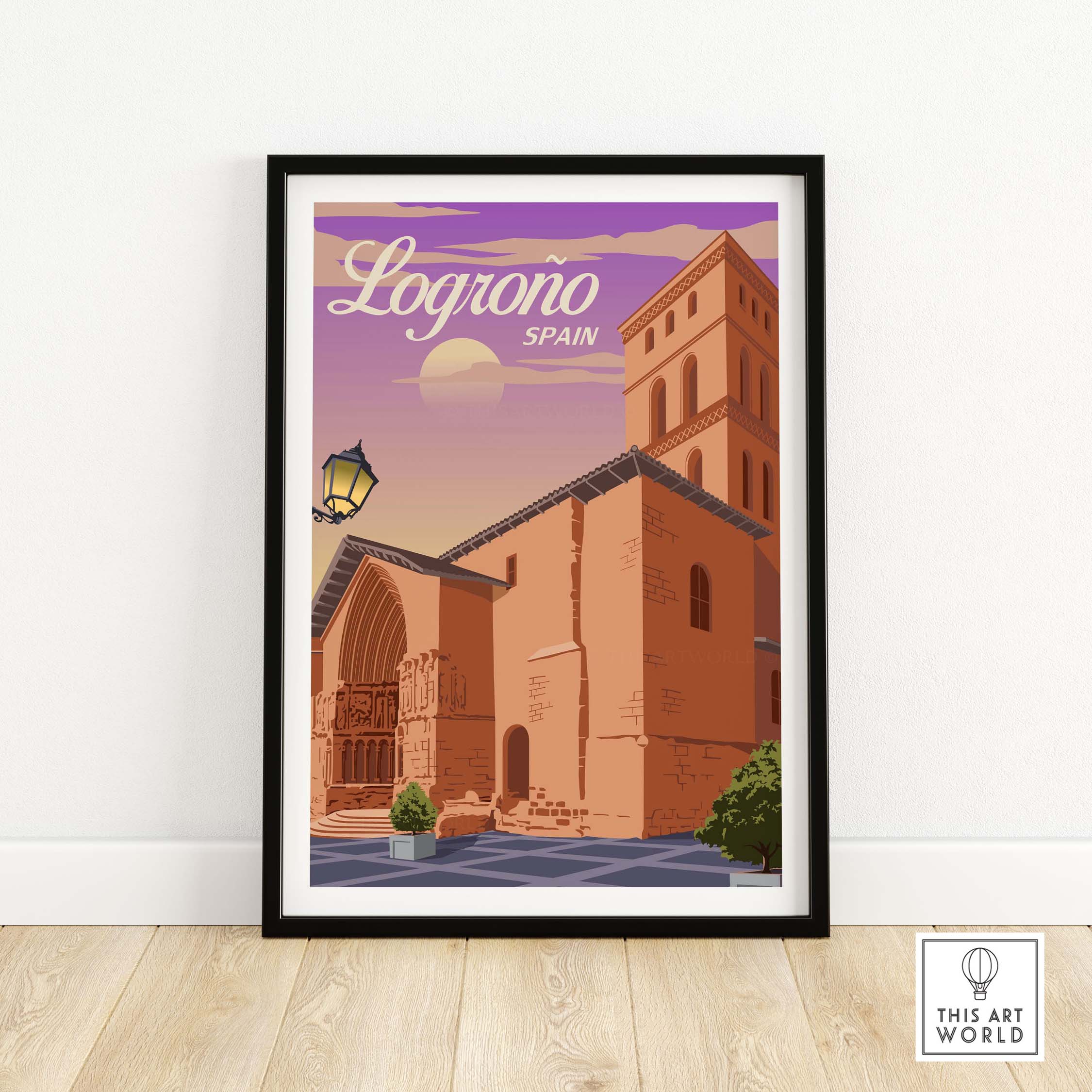 Logrono Spain vintage travel poster print framed, showcasing iconic architecture and nostalgic design for home decor.