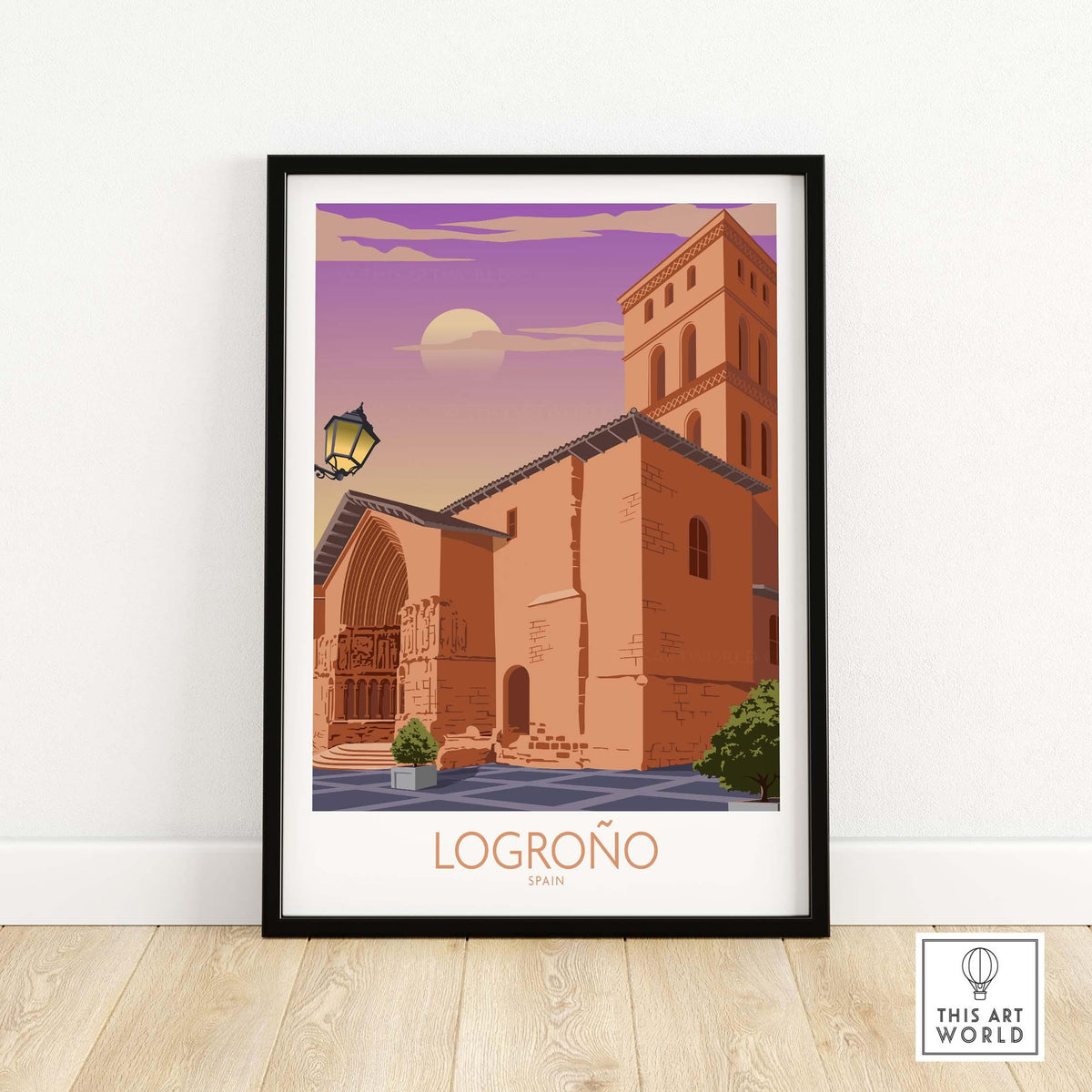 Logrono Spain Poster featuring vintage architecture and warm sunset colors, perfect for travel enthusiasts.