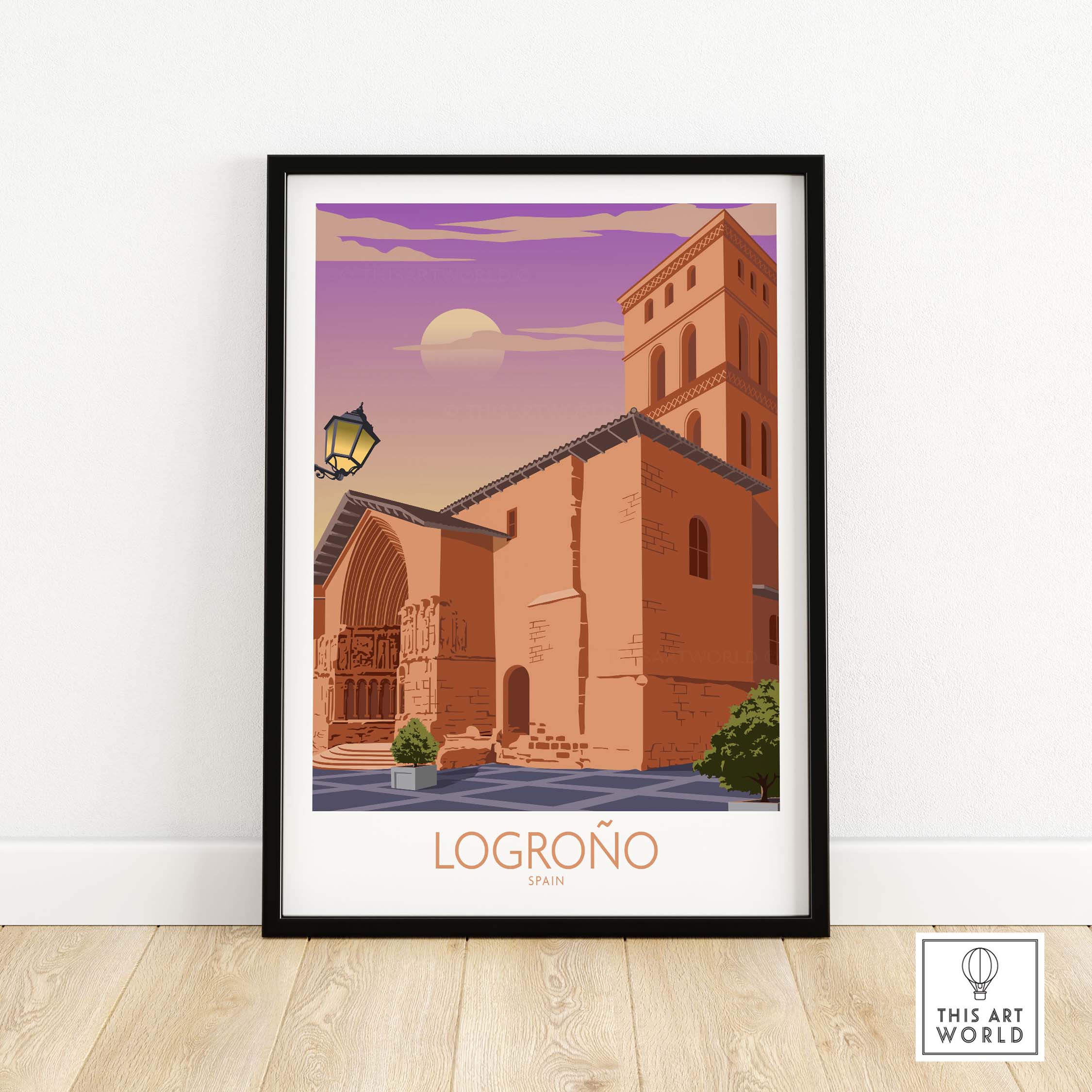 Logrono Spain Poster featuring vintage architecture and warm sunset colors, perfect for travel enthusiasts.