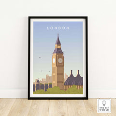 London Print Wall Art Poster featuring Big Ben, vintage travel style, perfect for home or office decor.