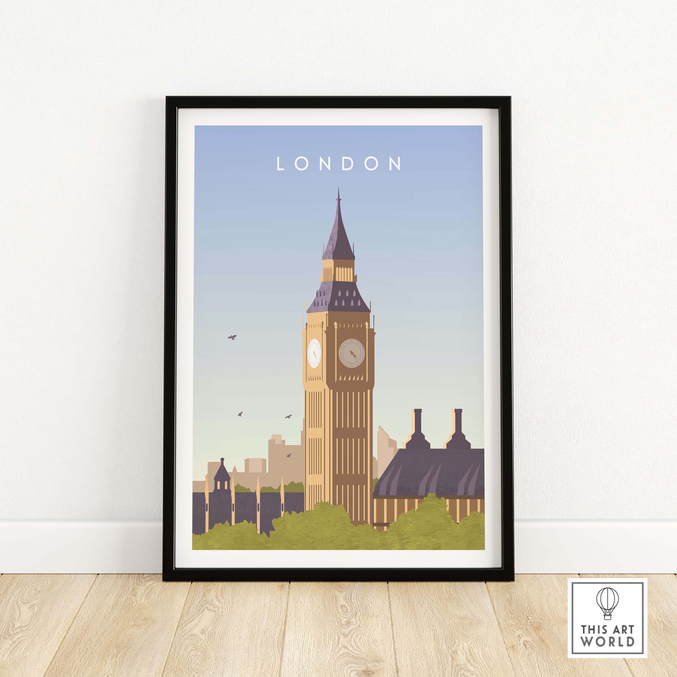 London Print Wall Art Poster featuring Big Ben, vintage travel style, perfect for home or office decor.