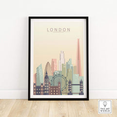 London skyline print featuring iconic landmarks in pastel tones, perfect for modern wall art decor.