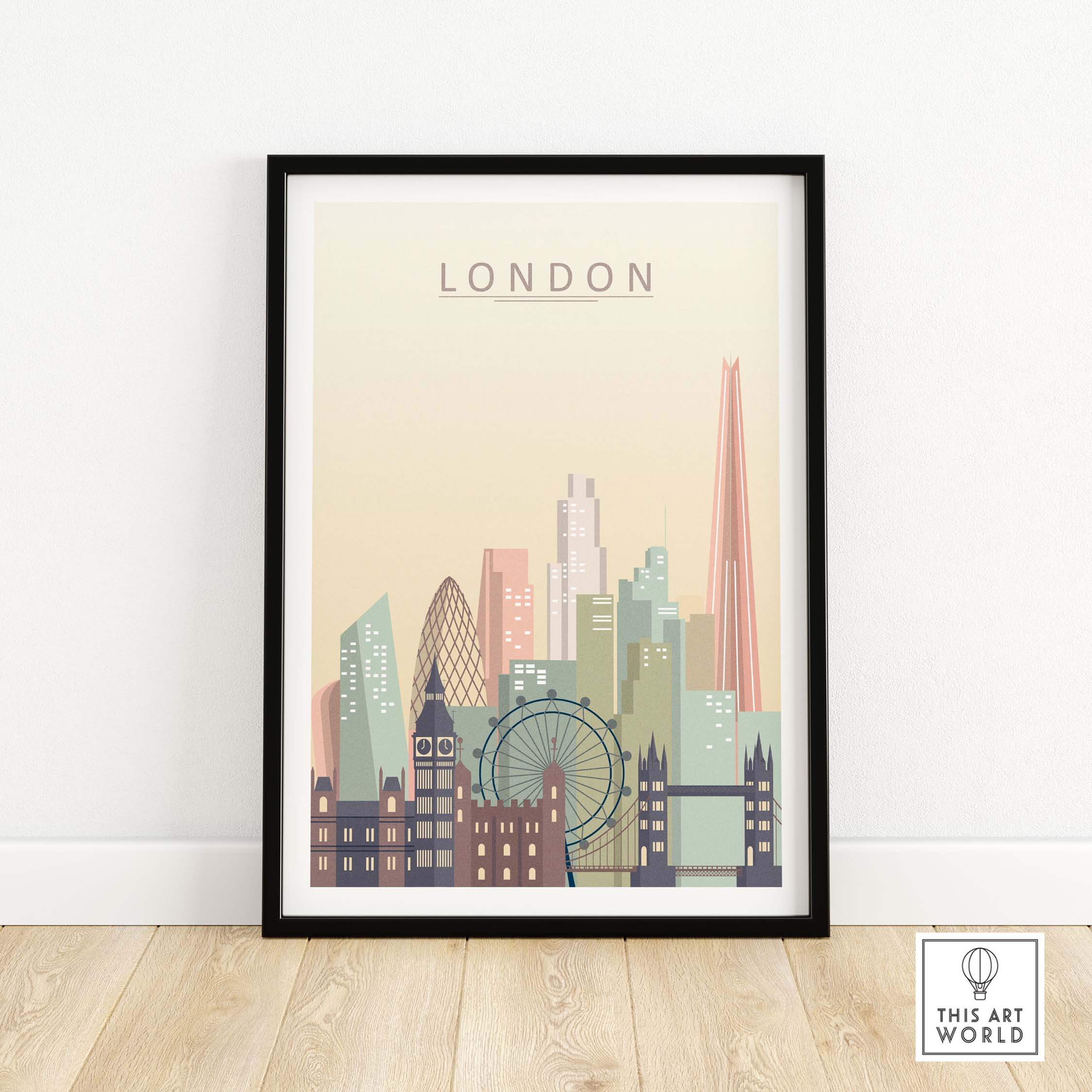 London skyline print featuring iconic landmarks in pastel tones, perfect for modern wall art decor.