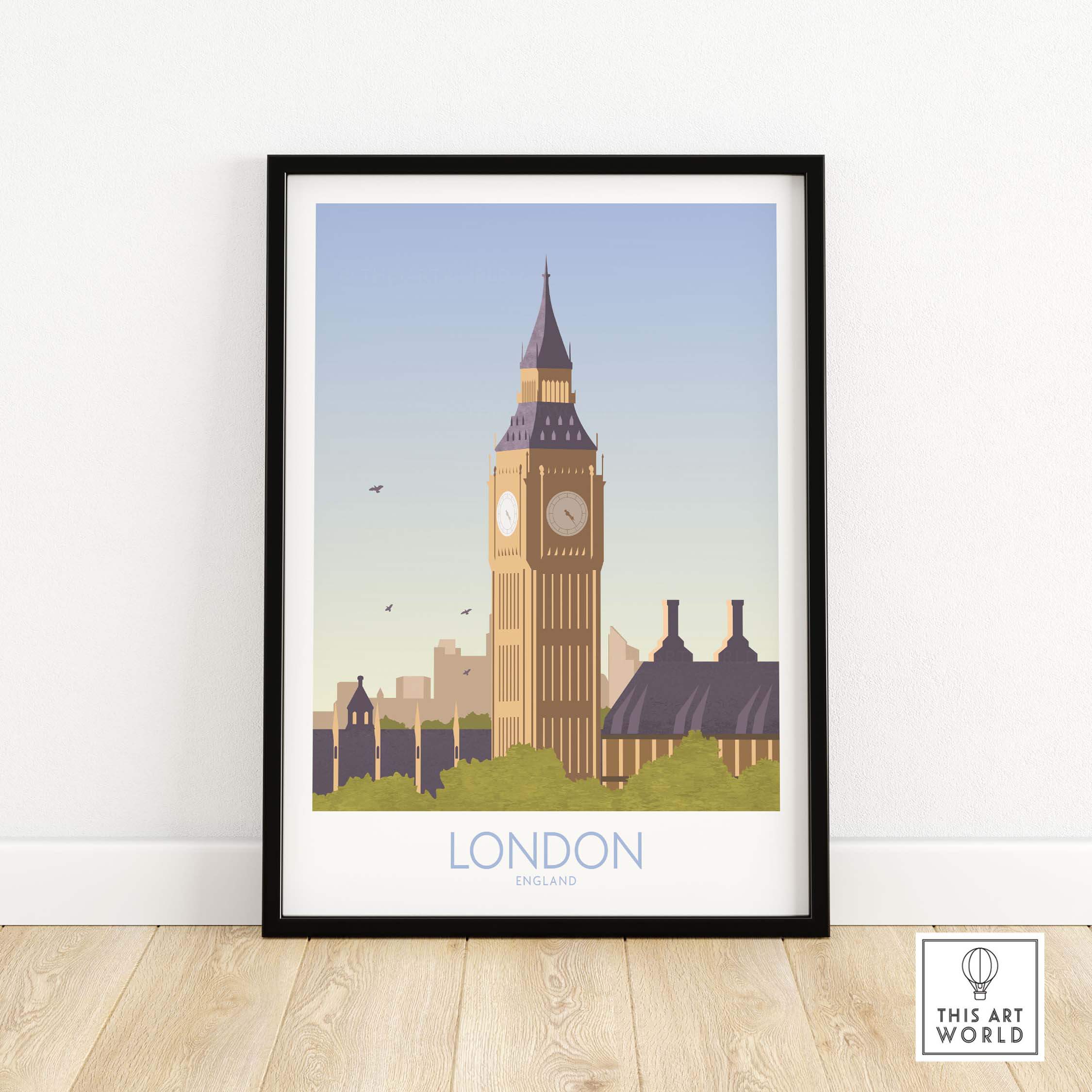 London Print Travel Poster featuring Big Ben, perfect for home or office wall art.