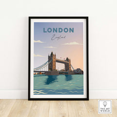 London Travel Poster Print featuring Tower Bridge in a minimalist vintage style, perfect for home or office decor.