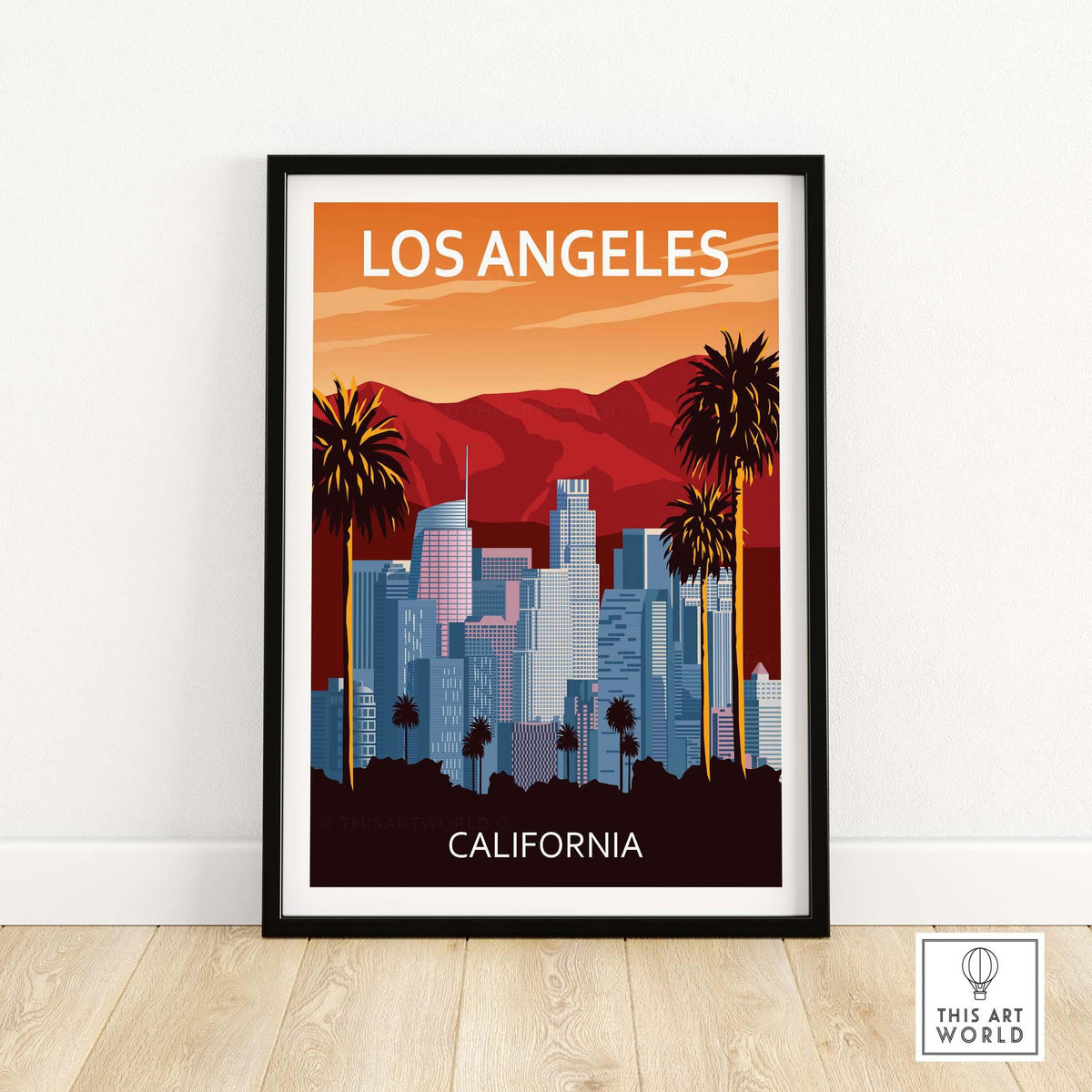 Los Angeles wall art print featuring a sunset skyline and palm trees in a minimalist vintage style.