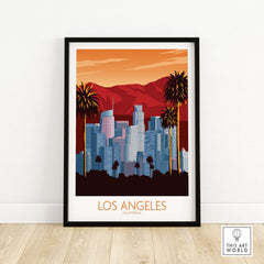 Los Angeles poster print featuring skyline and palm trees, perfect for home decor and travel inspiration.