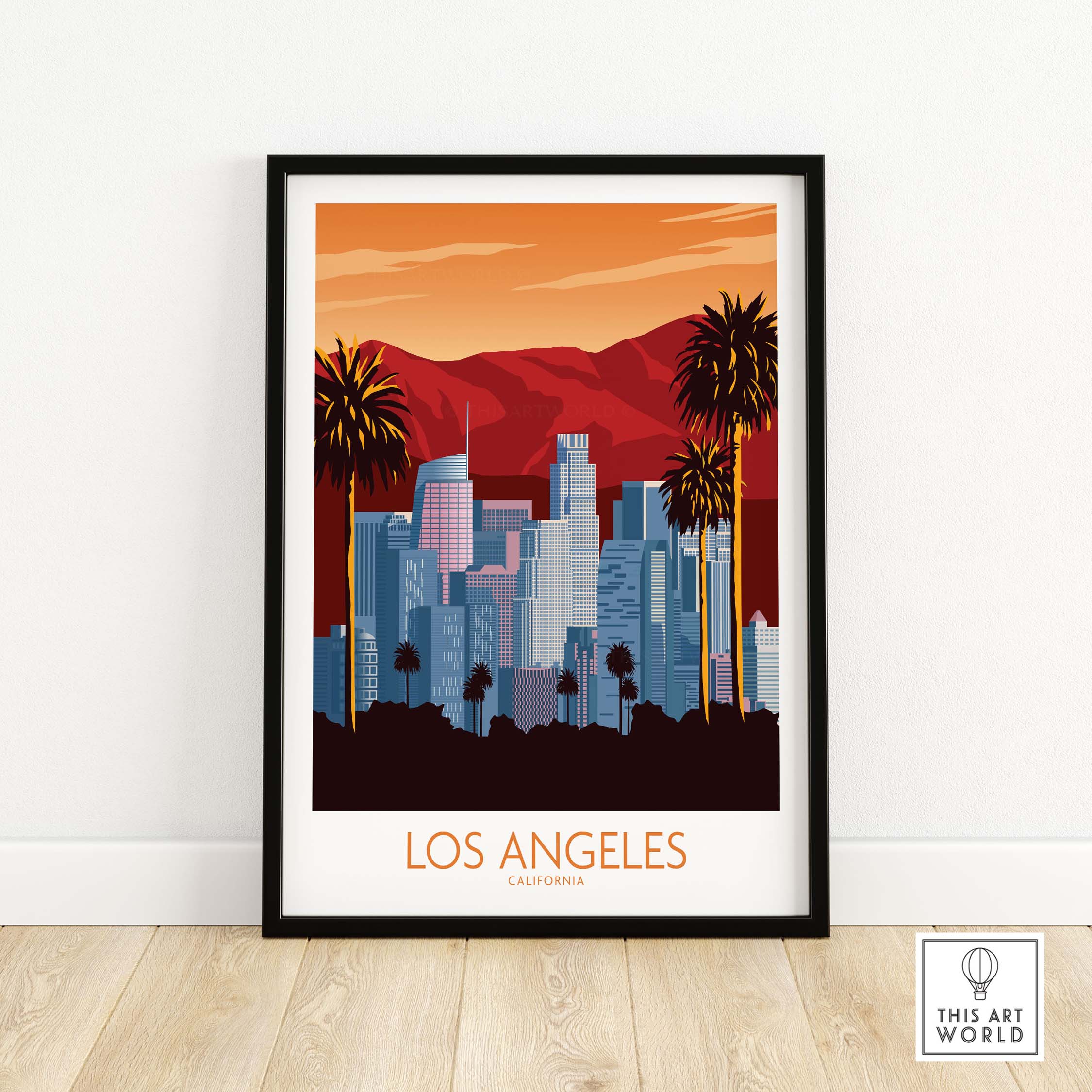 Los Angeles poster print featuring skyline and palm trees, perfect for home decor and travel inspiration.
