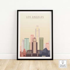 Los Angeles skyline poster art print in pastel tones, framed wall decor showcasing iconic city architecture.