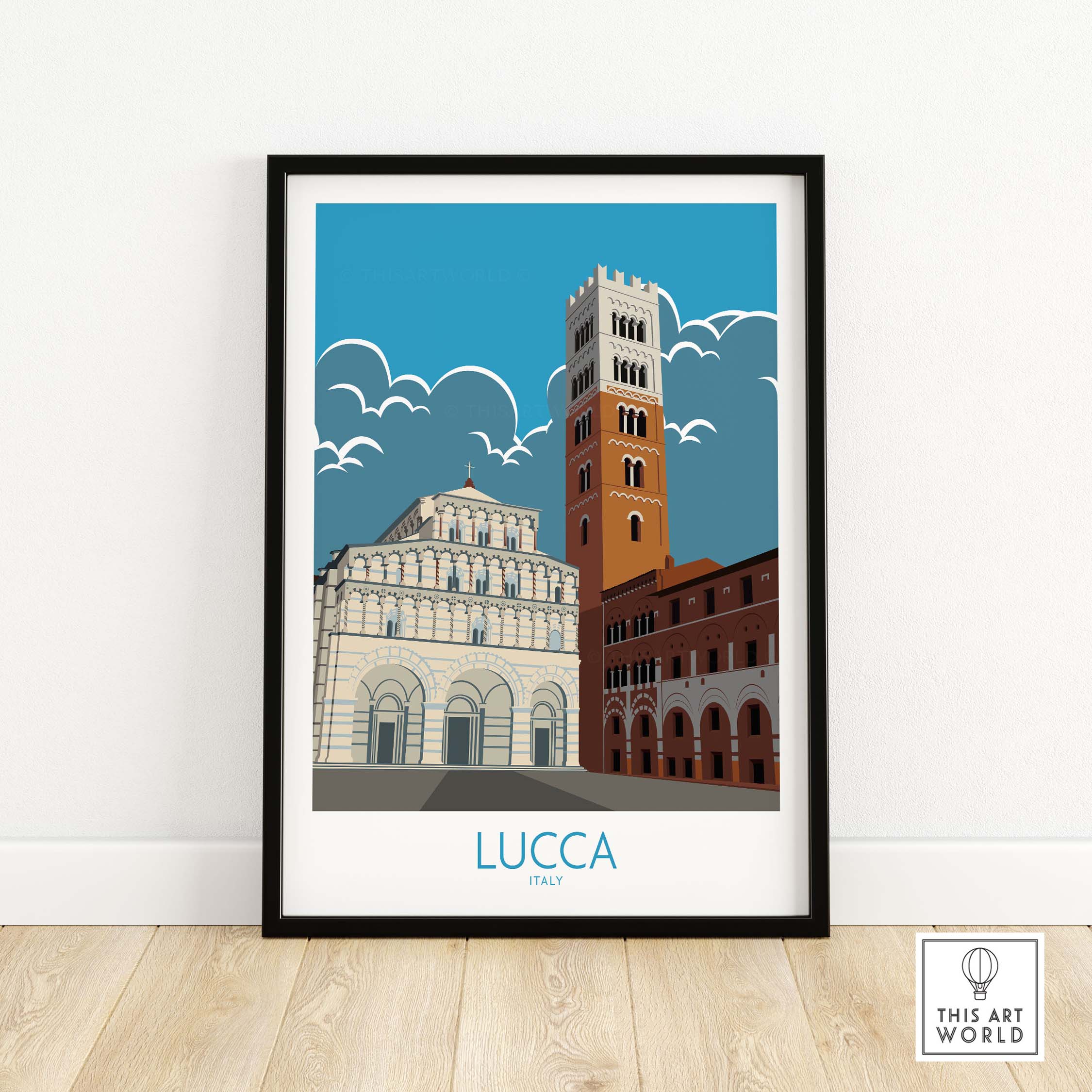 Lucca Print Italy Travel Poster featuring iconic architecture, perfect wall art for travel enthusiasts.