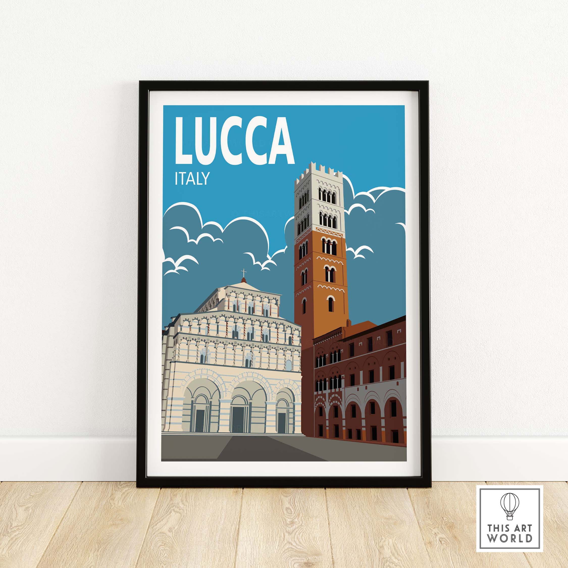 Lucca Poster Italy Wall Art Print featuring iconic architecture and vibrant colors, perfect for home or office decor.
