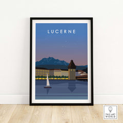 Framed Lucerne Switzerland print showcasing lake view and mountains, inspired by vintage travel posters.