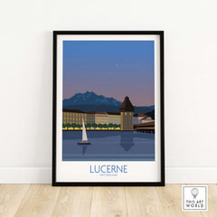 Lucerne Switzerland poster featuring a serene lakeside view with mountains and a sailboat, perfect for home decor.