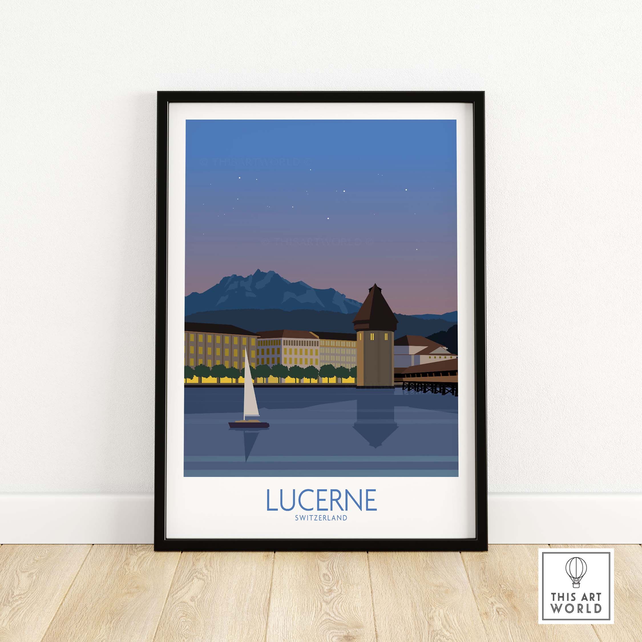 Lucerne Switzerland poster featuring a serene lakeside view with mountains and a sailboat, perfect for home decor.