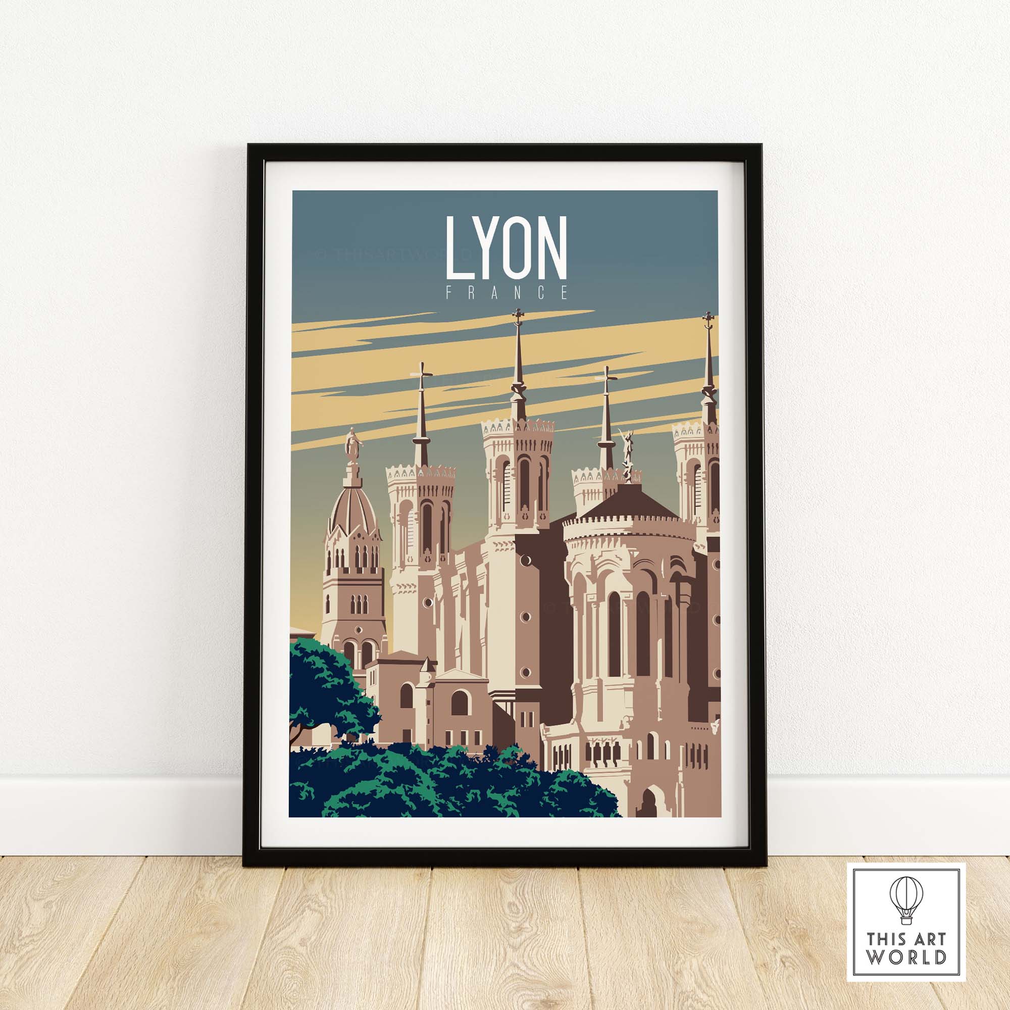 Lyon Print France Poster featuring a vintage design of Lyon's architecture in muted colors, framed art for home decor.