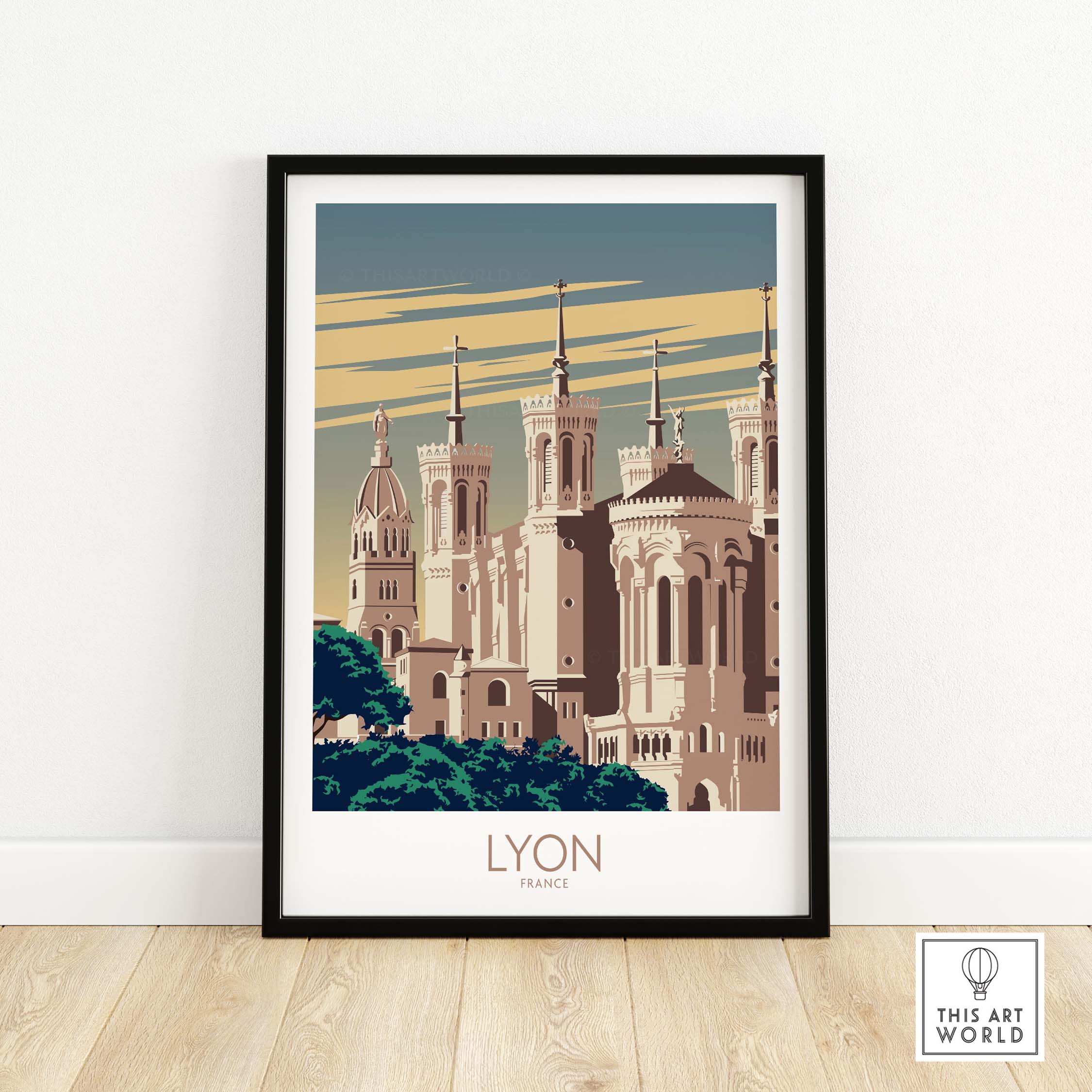 Framed Lyon poster depicting iconic architecture and landscape, perfect for travel enthusiasts and wall art decor.