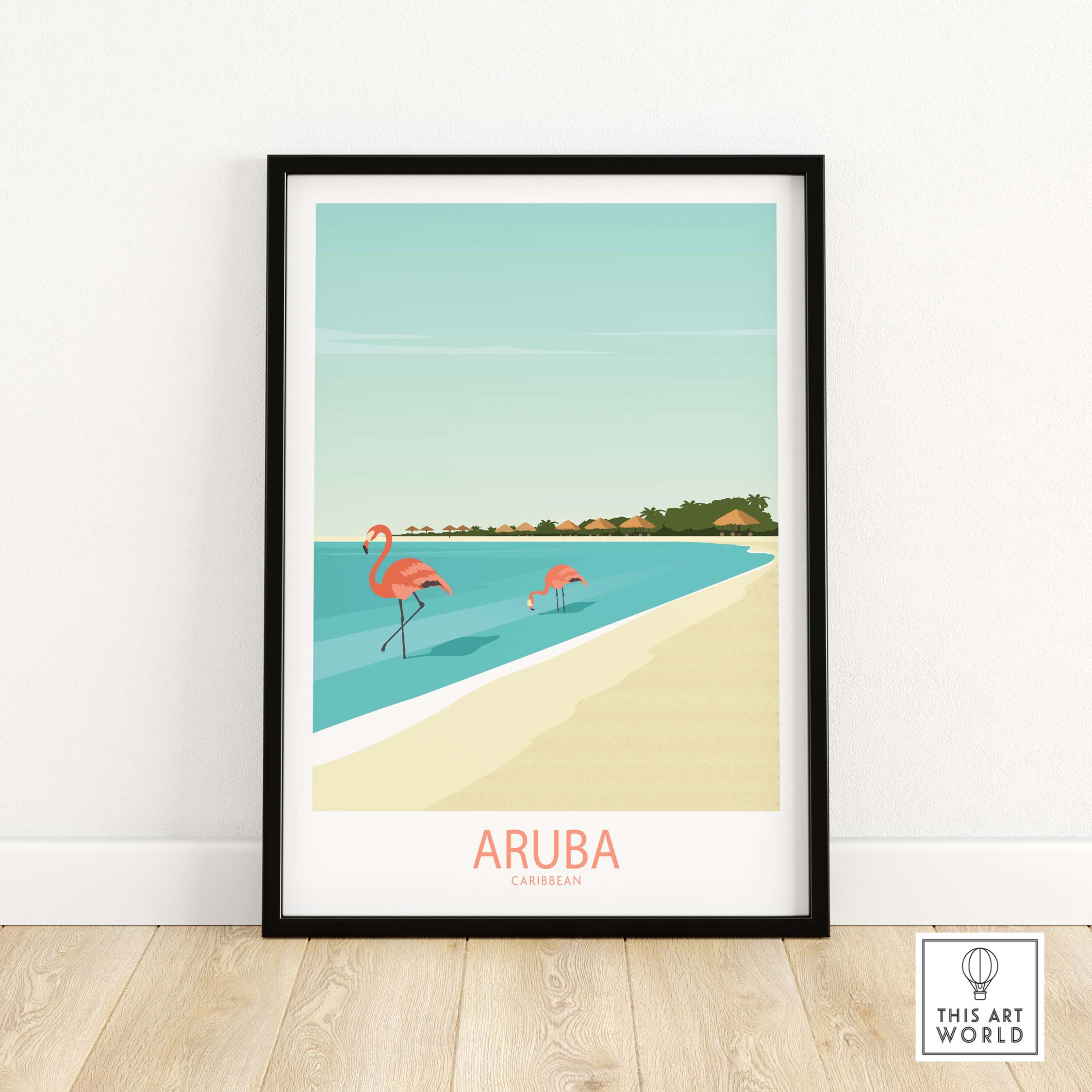 Aruba Caribbean poster featuring flamingos by the beach in a minimalist vintage style.