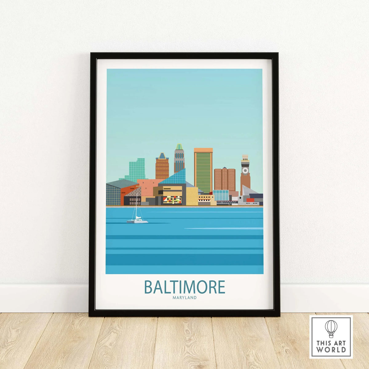Baltimore skyline vintage travel poster in minimalist style, featuring Maryland's landmarks and waterfront.