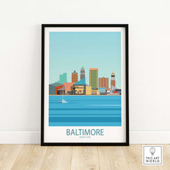 Baltimore skyline vintage travel poster in minimalist style, featuring Maryland's landmarks and waterfront.