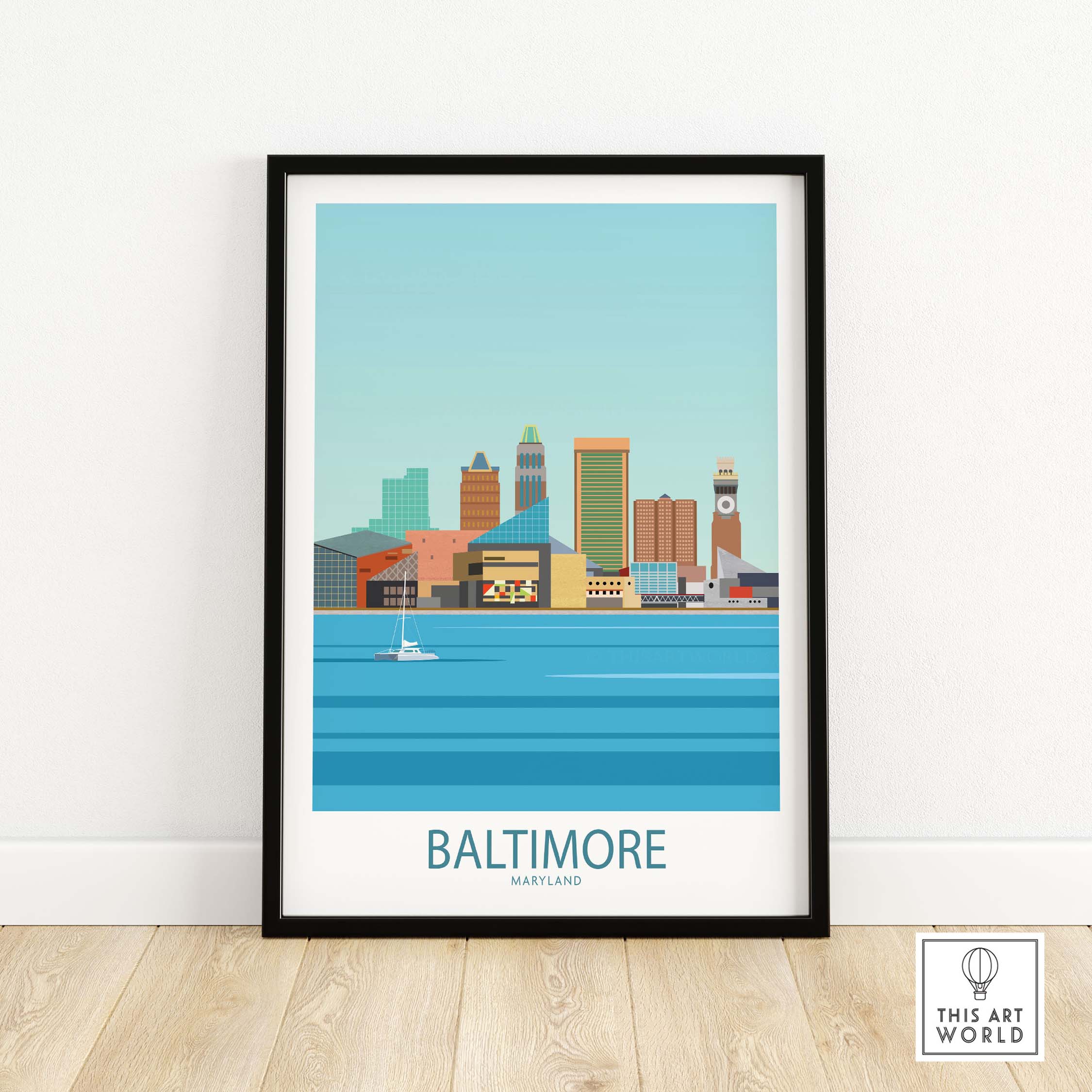 Baltimore skyline vintage travel poster in minimalist style, featuring Maryland's landmarks and waterfront.