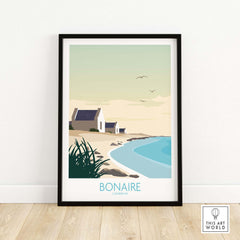 Bonaire Wall Art Print featuring a minimalist design of Caribbean beach houses and ocean waves.
