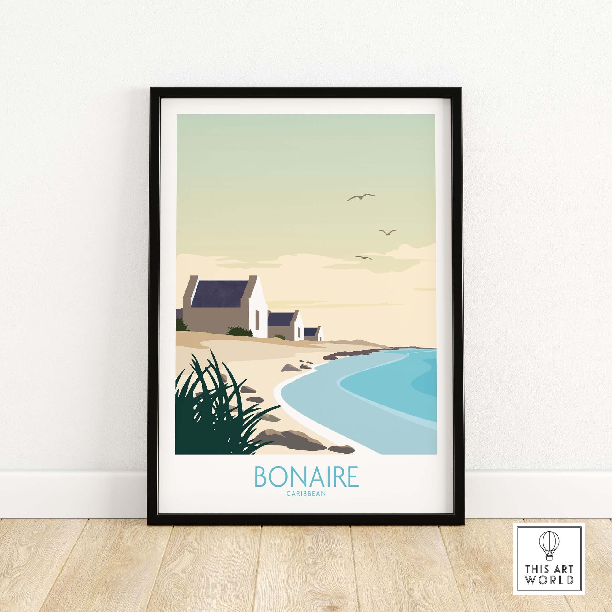 Bonaire Wall Art Print featuring a minimalist design of Caribbean beach houses and ocean waves.