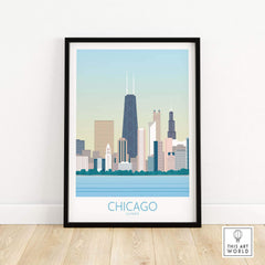 Chicago skyline art print framed, featuring iconic buildings and a vintage travel poster style design.