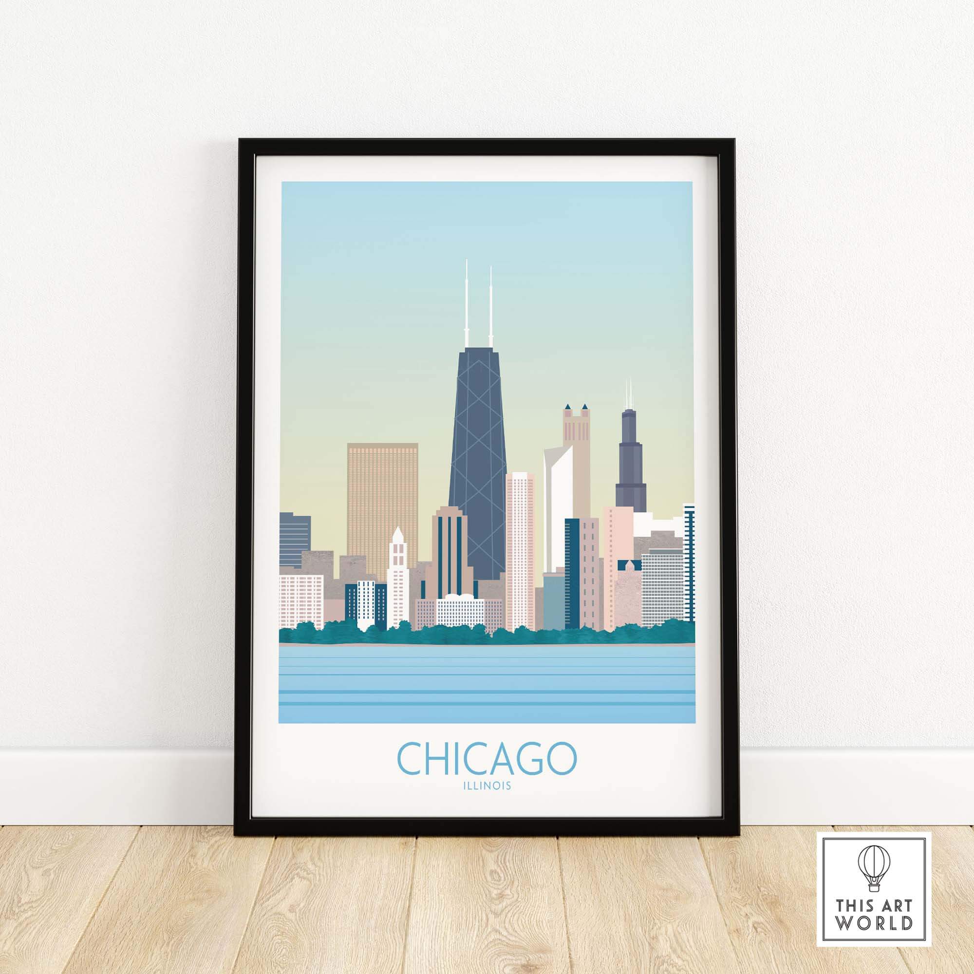 Chicago skyline art print framed, featuring iconic buildings and a vintage travel poster style design.